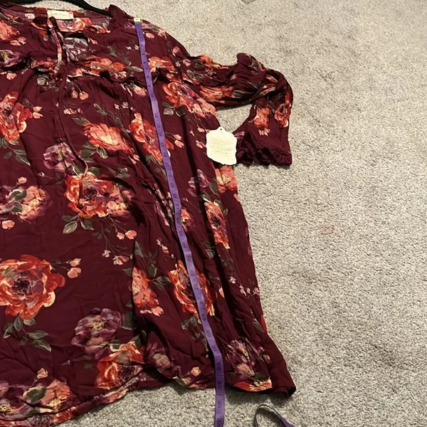 Altard State Burgundy Floral Ruffle Lace Sleeve Tunic‎ Dress Size L - Image 7