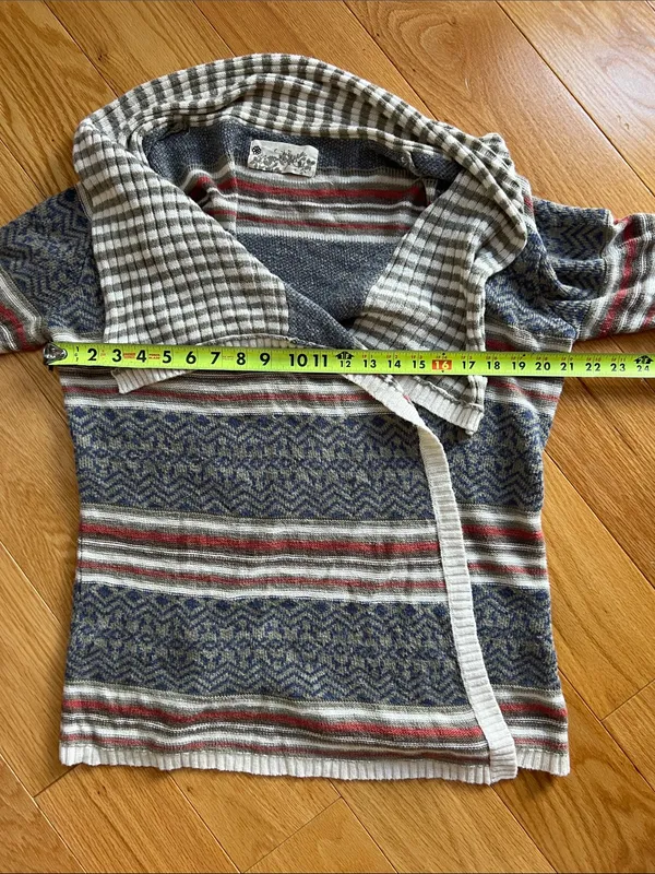 Striped Open-Front Draped Cardigan Sweater - Gray, Red & Cream - Image 5
