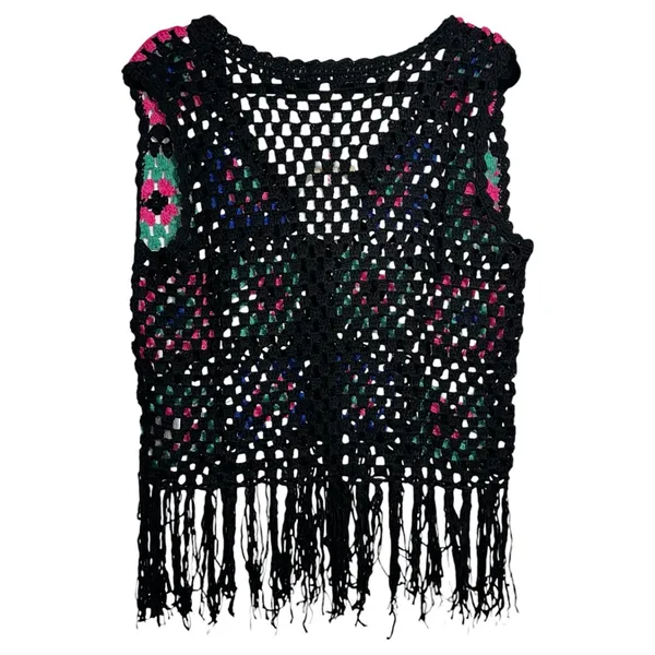 UMGEE Black Crocheted Squares Sleeveless‎ Cardigan Medium Grannycore Boho Fringe - Image 2