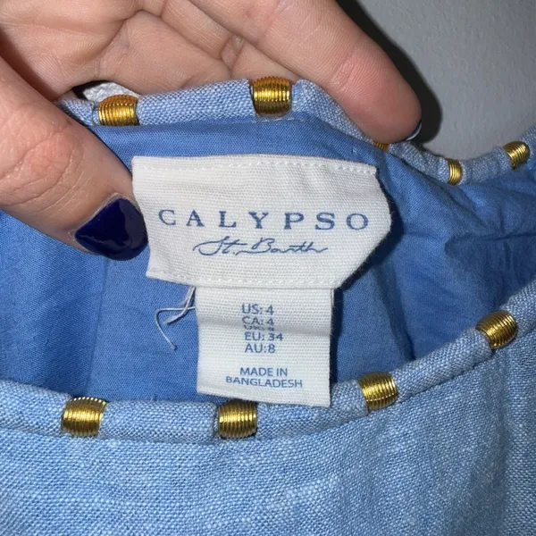Calypso St Barth Maxi Dress Women 4 Light Blue Excellent Linen Gold Bead Pocket - Image 2