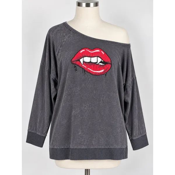 LoveSick Gray Vampire Lips Fangs Off Shoulder Sweatshirt Size 2X Halloween - Image 2