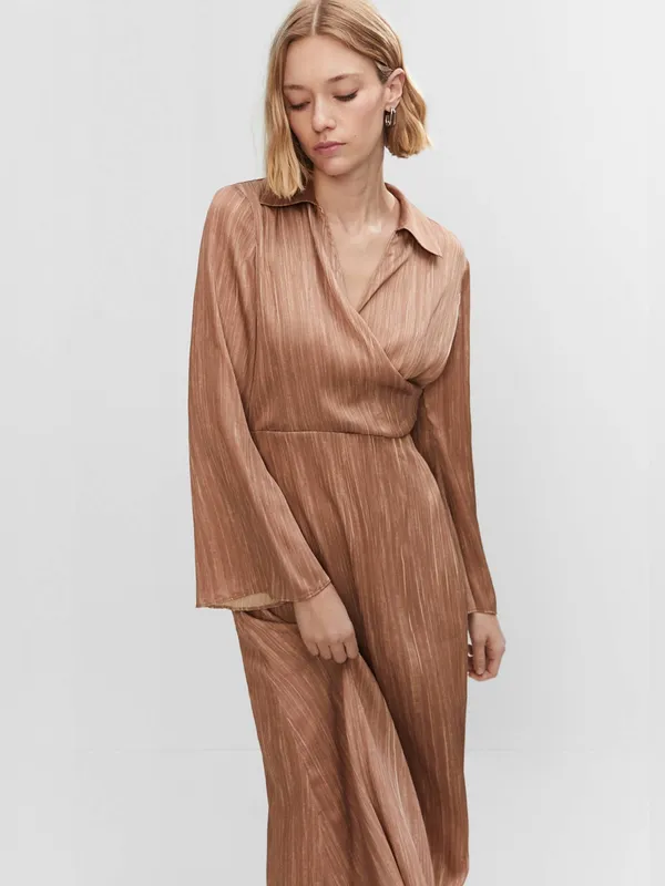 NWT Mango MNG Brown Satin Shirt Wrap Midi Dress 10 Flowy Flared Sleeve Party - Image 2