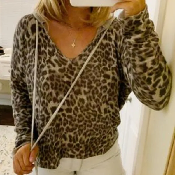 OLIVACEOUS Animal Print Lightweight Wool Blend Leopard Print Hooded Pullover - Image 3