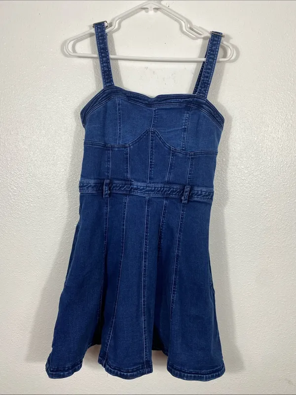 Free People Dark Indigo Denim Mini Dress Size L It has pockets on the sides. - Image 5