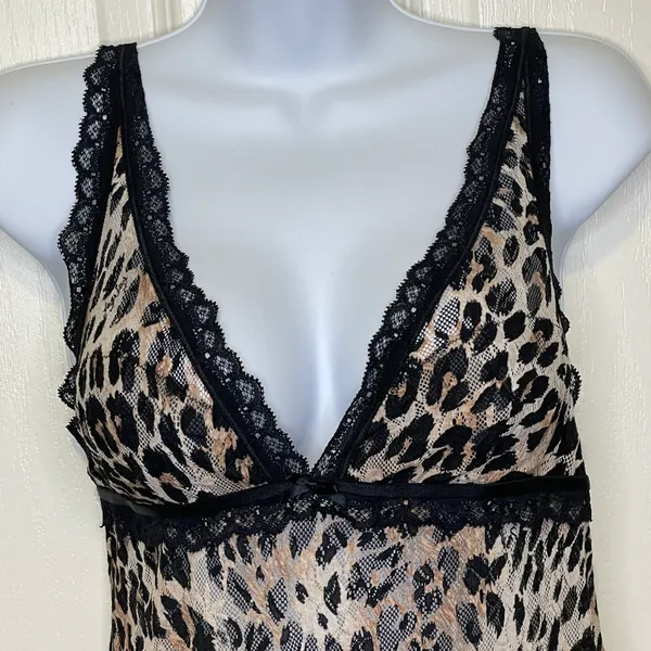 Victoria’s Secret Cheetah Print Lace Mesh Chemise Nightie Black Tan Large - Image 2
