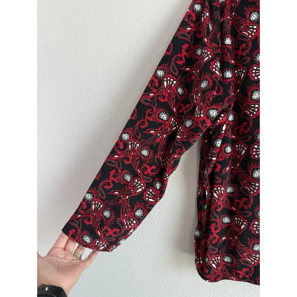 Cabernet‎ Red Long Sleeve Notch Collar Paisley Print Fleece Pajama Set Women's L - Image 5