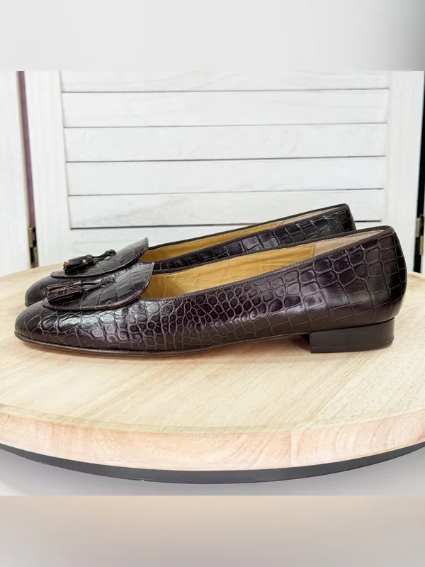 Brooks Brothers Croc Embossed Leather Tassel Loafers Brown 10 AA Narrow - Image 3