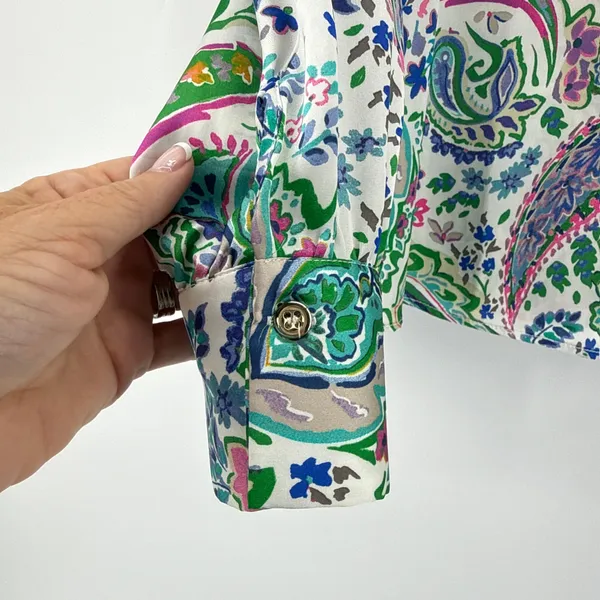 Zara‎ Multicolor Patchwork Paisley Print Satin Button Down Blouse Top Small S - Image 3