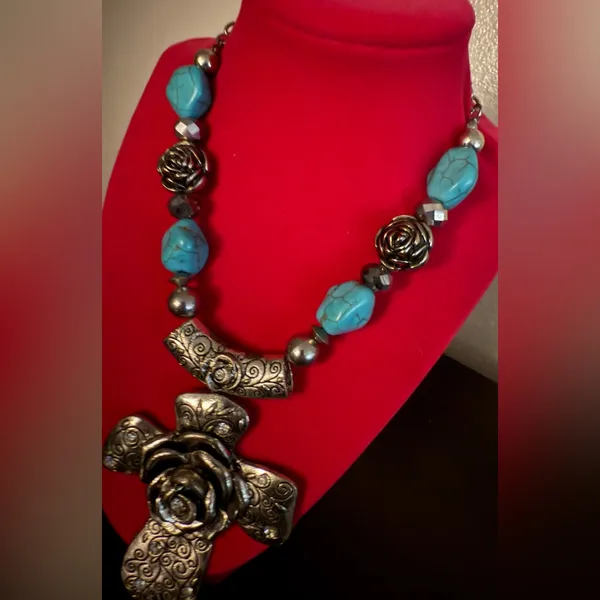 Ornate Silver Turquoise Cross Necklace | Western Boho Statement Chunky Religious - Image 5