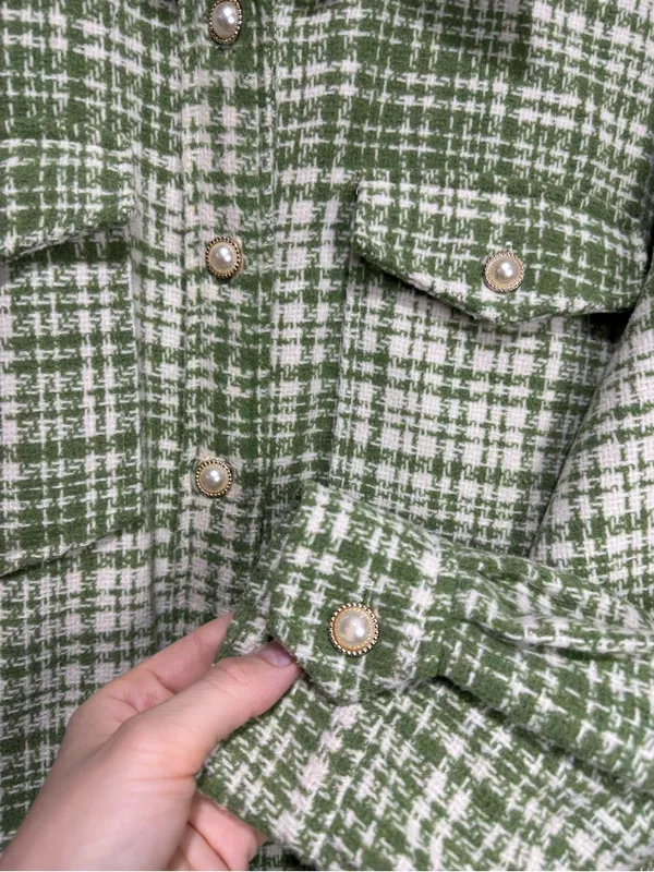 Forever 21 Green & White Tweed Houndstooth Shacket Pearl Buttons Medium - Image 4