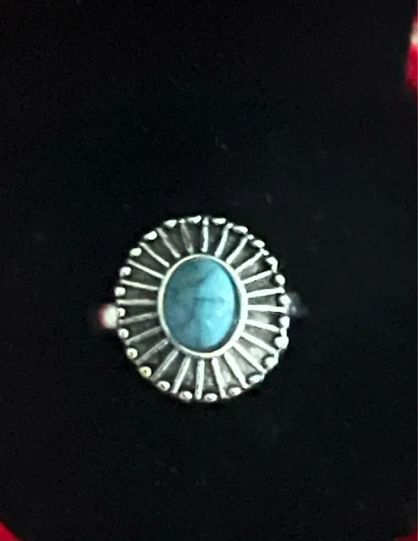 Women’s Stainless Steel Silver Aztec Faux Turquoise Embellished Ring Size 6 - Image 2