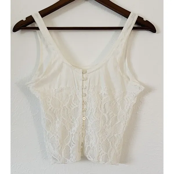 Free People Lace Tank Top M Reversible White Button Front Boho Crop - Image 8