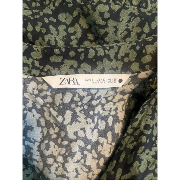 Zara Khaki Green Claris Printed‎ V-Neck Short Sleeve Dress Small - Image 3