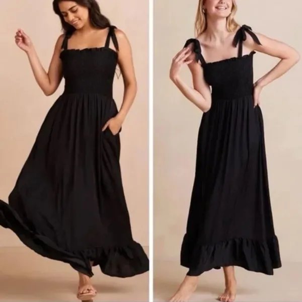 SUMMERSALT NWT The Sliky‎ Luxe Smocked Maxi Dress Black Tie Strap Medium - Image 2