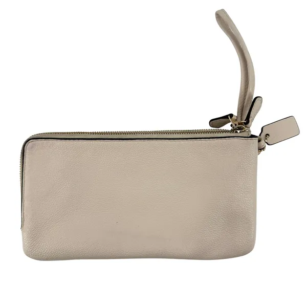 Coach Double Zip Pebble Leather‎ Wristlet Wallet Clutch Cream F54056 Gold Accent - Image 5