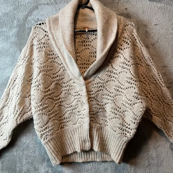 Free People XS‎ Womens Shawl Collar Cardigan Wool Crochet Knit Eyelet Cottage - Image 3