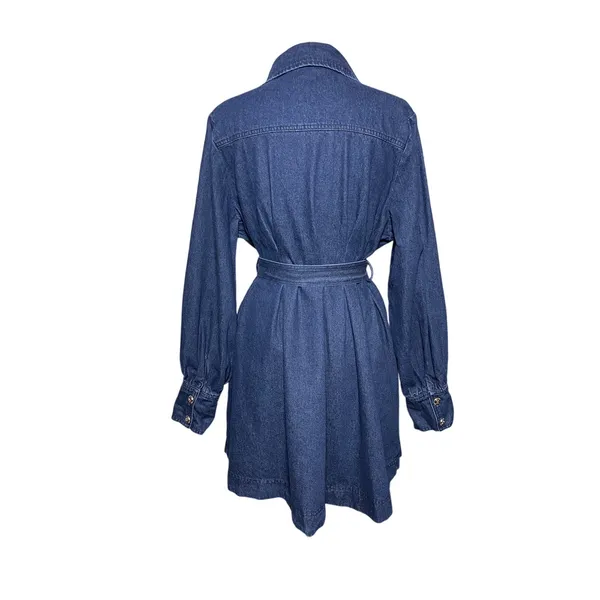 COMMENSE Women’s Belted Button Front Puff Sleeve Dark Wash Denim Dress - Image 5