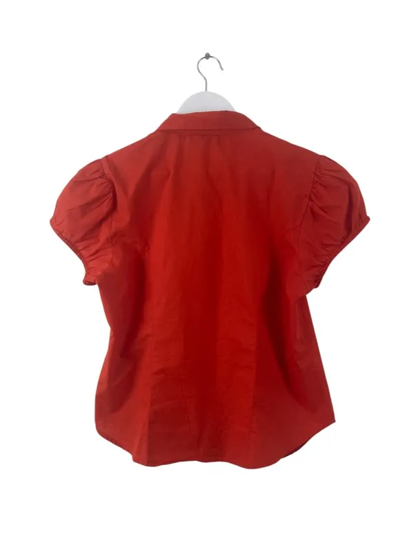 Anthropologie Maeve Red Short Puff Sleeve Ruched Blouse L - Image 3
