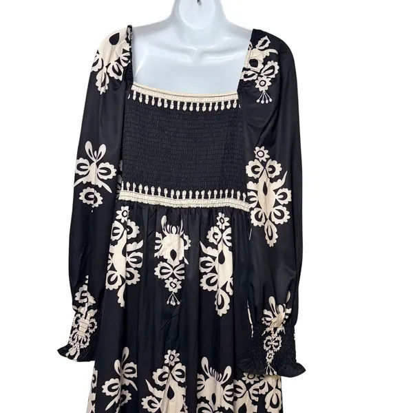 Womens Black Cream Damask Smocked Maxi Dress Long Sleeve Boho Peasant Size L - Image 3