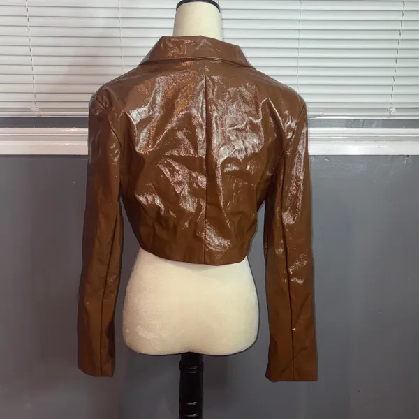 Forever 21 Chocolate Brown Faux Leather Cropped Blazer | Y2K 90s Vintage Inspired | Size - Image 5