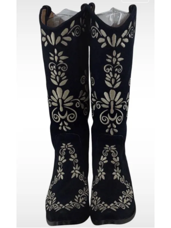 Women's Agave Sky Western Heeled Boots Navy White Embroidered Size 7 Boho Glam - Image 2