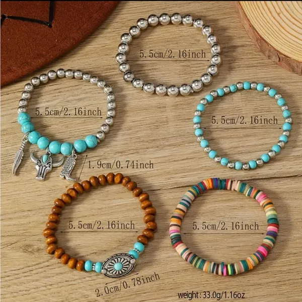 Western Lovely Vibrant Turquoise Stone Beaded Stretch Bracelet Elegant Stackable Brown - Image 6