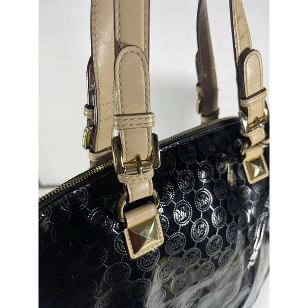 Michael Kors MK Logo Black Tote Bag Zip Gold Beige Straps Dust Bag - Image 7