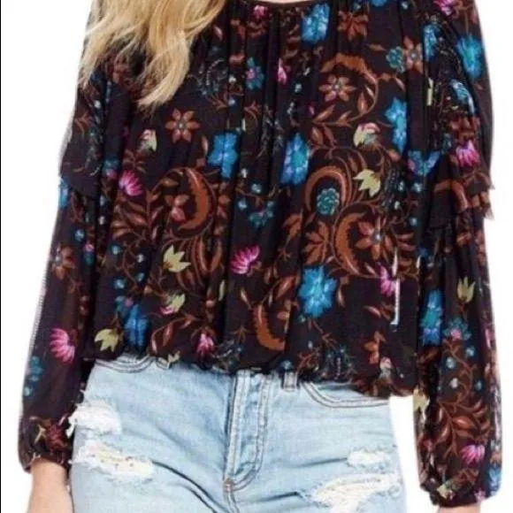 Free People Size Large Wild Flowers Honey Floral Mesh Blouse Top Peasant… - Image 8