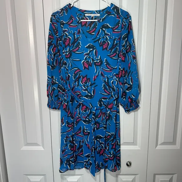 Collective Concepts Dress Medium Blue Floral V-Neck Tie Boho Garden Party - Image 2