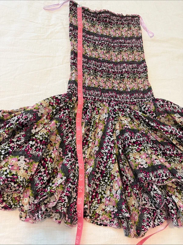 Boho Cottagecore Smocked Cotton Floral Y2K Handkerchief Hem Strapless Dress S - Image 10