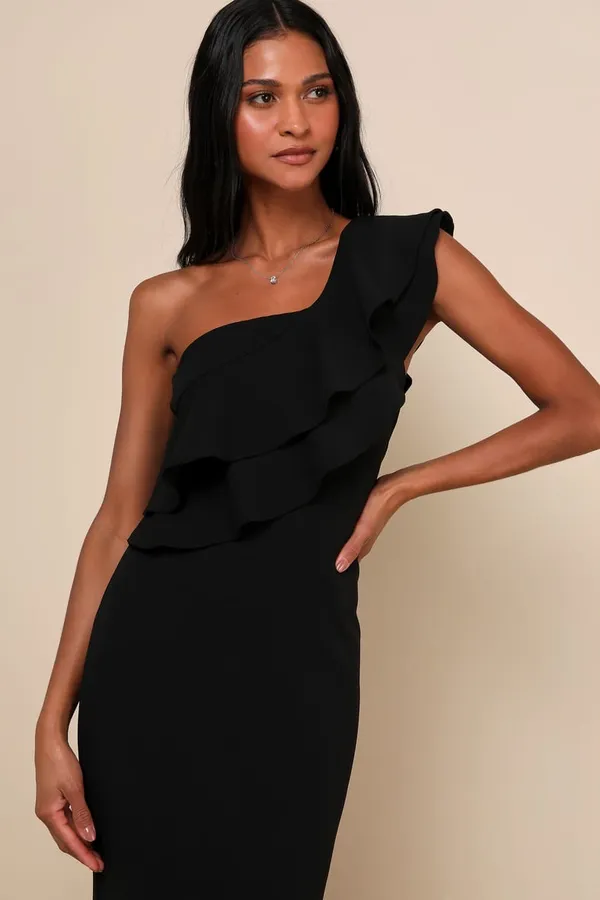Lulus New Grand Beauty Black Ruffled One-Shoulder Mermaid Maxi Dress Size XS MSRP $89 - Image 3