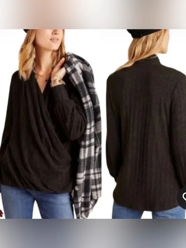 Maeve ANTHROPOLOGIE Rafela Hacci Surplice Faux Wrap Sweater M 20.5” Charcoal EUC - Image 5