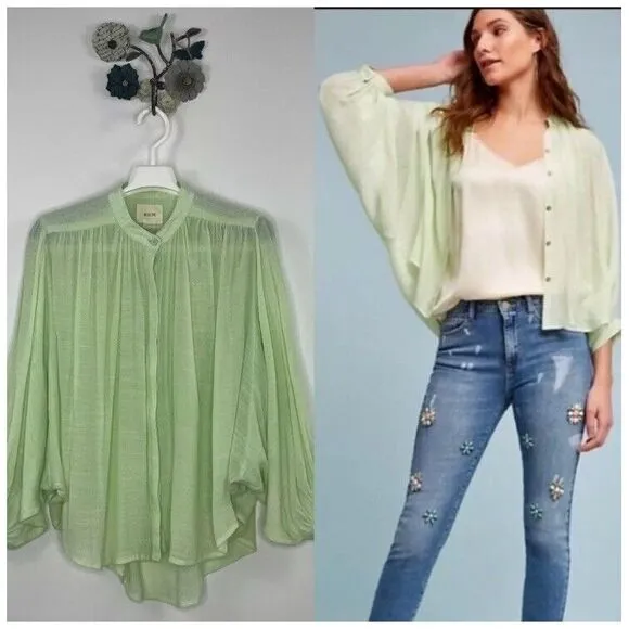 Anthropologie Maeve Brynna Light Green Button up Blouse Dolman Sleeve Women's XS - Image 2