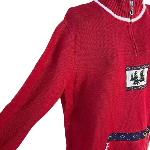 Vintage Breckenridge Grandma 1/4 Zip Turtleneck Fir Tree Sweater Red Size XL - Image 3