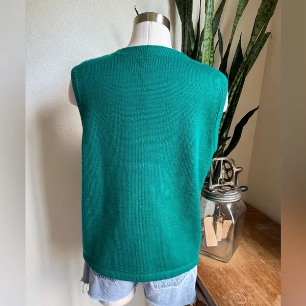 Vintage Equestrian Sweater Vest Green Gold Chain Print Horse Bit Buttons M‎ - Image 3