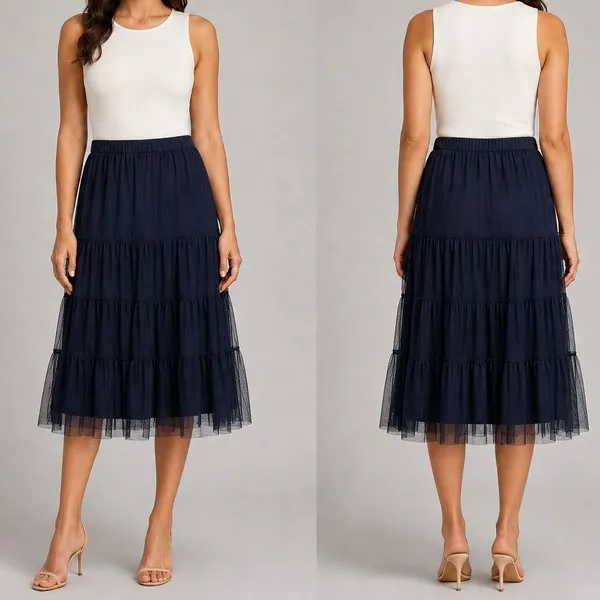 Soft Surroundings Tiered Mesh Midi Skirt Size‎ XS Black Ruffle Lined Flowy Goth - Image 2
