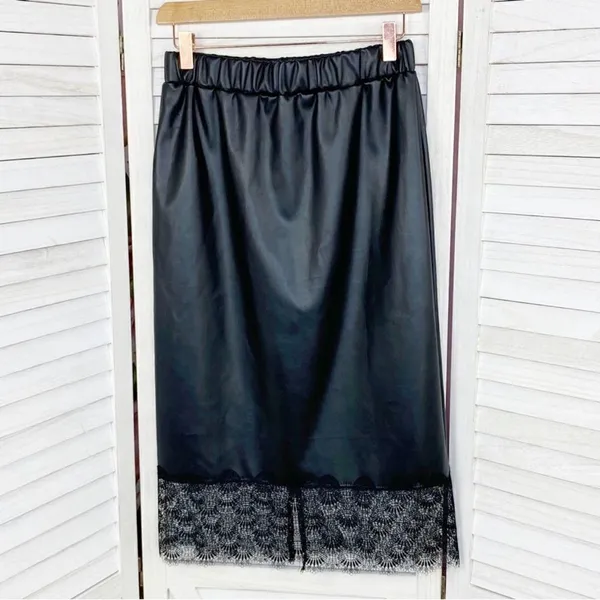 Michael Kors Lace Trim Faux Leather Slip Skirt‎ Black Midi Pencil Elastic XS - Image 9