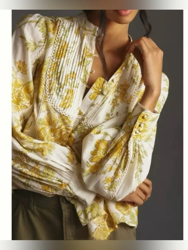 By Anthropologie Long-Sleeve Floral Button-down Peasant Blouse - Image 2