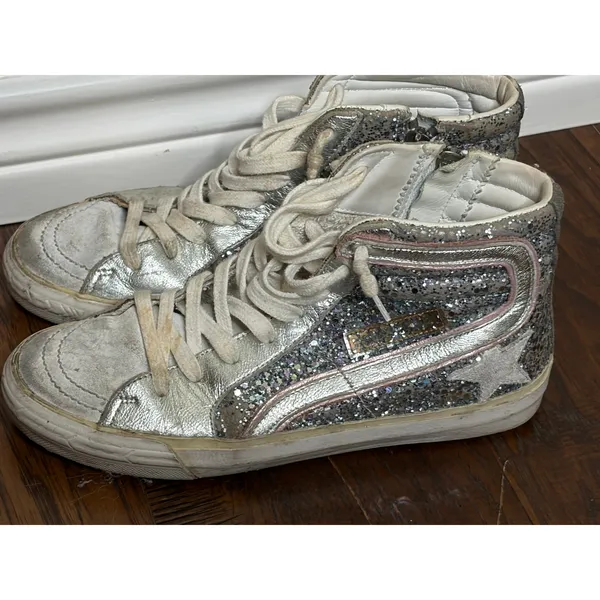Golden Goose Slide High Top Sneakers 37 Silver Glitter Star GGDB - Image 8