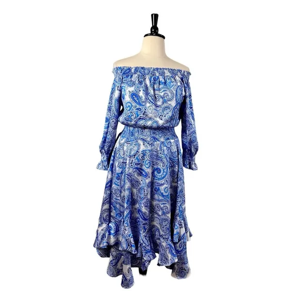 Tahari New Smocked Dress Asymmetrical Ruffle Hem Blue Paisley NWT Women Size 16 - Image 7