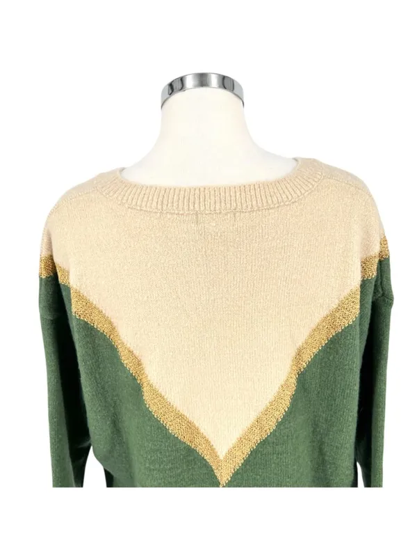 Aaron & Amber Chevron V-Neck Sweater Cabincore 70s Retro Beige Gold Green Medium - Image 10