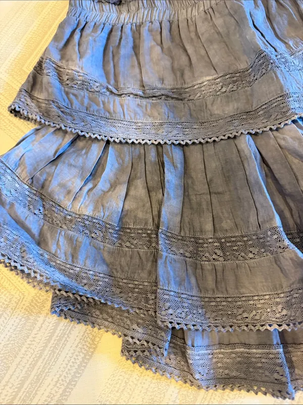 LoveShackFancy Women’s Medium Washed Purple Gray Tiered Lace Mini Skirt - Image 2