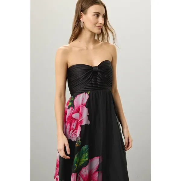 ONE33 SOCIAL Black Pink Floral Roses Chiffon Strapless Maxi Gown size 0 - Image 3