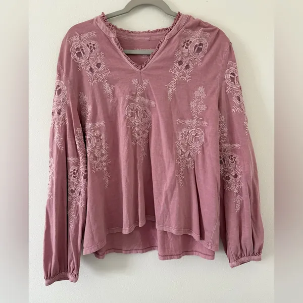 Soft Surroundings Cotton Pink Floral Embroidered Eyelet Babydoll Blouse size XL - Image 3