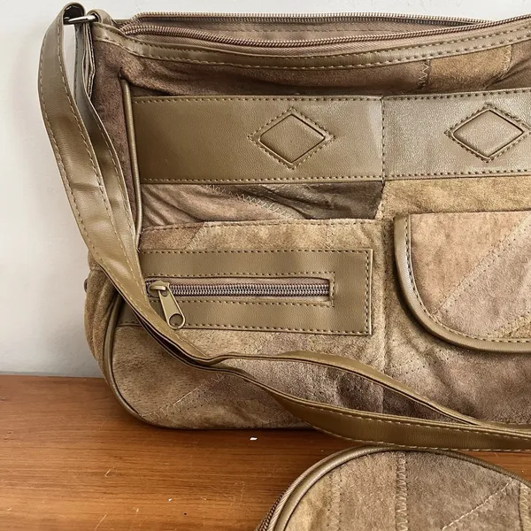 Patchwork Soft Leather & Suede Handbag Purse Shoulder Bag & Coin Purse Tan Brown - Image 3
