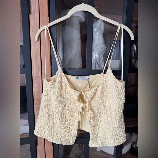 Zara tie front babydoll tank top bows butter yellow spaghetti straps cropped - Image 9
