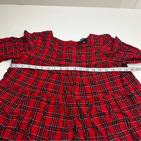 Madewell Red Black Small‎ Tartan Plaid Tiered Button Back Bell Fluted Sleeve Top - Image 8