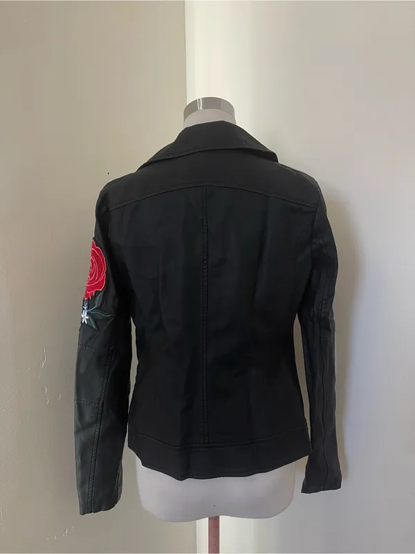 Say What? Faux leather Black Moto Jacket with Red Rose Embroidery - Image 3