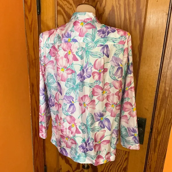 Vintage 80s 90s Floral Blazer Pastel Pink Purple Teal Lightweight Jacket Retro - Image 7