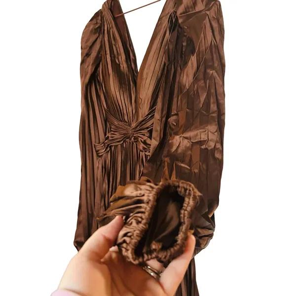 Ieena for Mac Duggal Brown Long Sleeve Pleated Full Skirt Cut Out Sides Gown 6 - Image 8